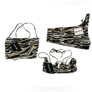 Skatie NWT Bikini Top Bundle Lot 3 Size S Marble Zebra Print Tie Strap Swimwear
